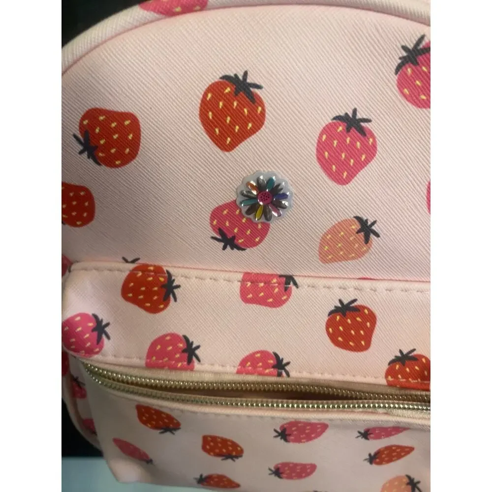 Mini Strawberry Print Backpack Purse Pink Faux Leather